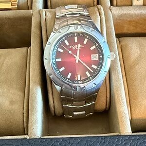 Fossil Men's Watch with Red Face and Silver Band